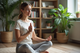 Femme en yoga pressant un point d'acupressure dans un salon lumineux