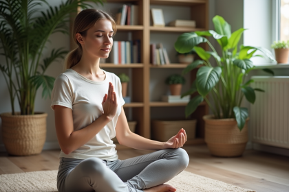 Femme en yoga pressant un point d'acupressure dans un salon lumineux