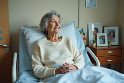 Femme agee assise dans un lit d'hôpital avec un sourire réfléchi