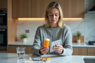 Femme lisant les étiquettes d'antibiotiques et d'Ultra Levure dans sa cuisine, comparaison de médicaments