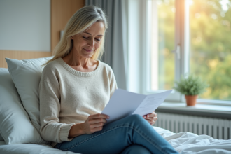 Femme d'&acirc;ge moyen consulte ses documents d'assurance sant&eacute;