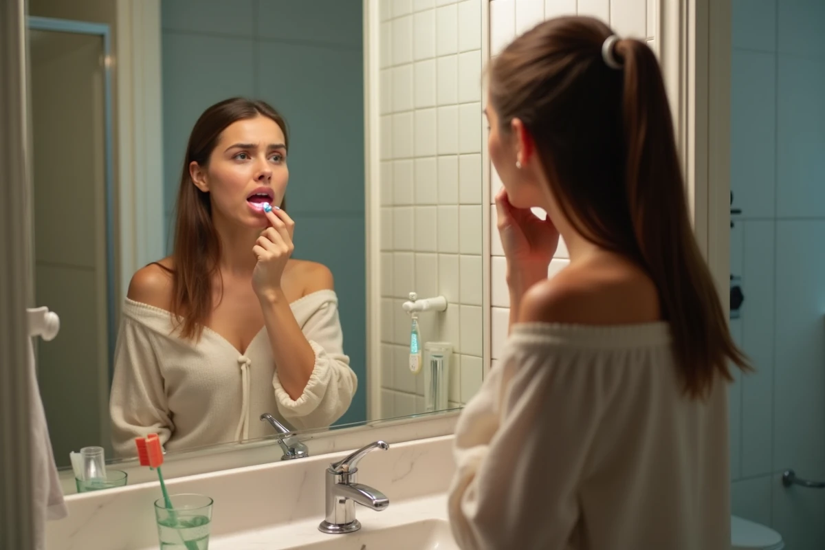 Jeune femme examinant ses amygdales devant un miroir de salle de bain avec une lampe de poche, inquiète de taches blanches dans la gorge