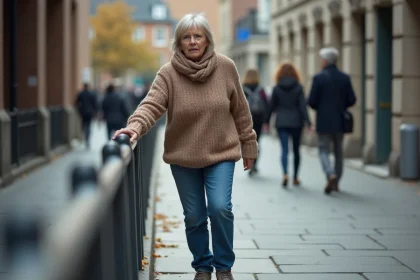 Femme d'âge moyen en automne sur le trottoir urbain