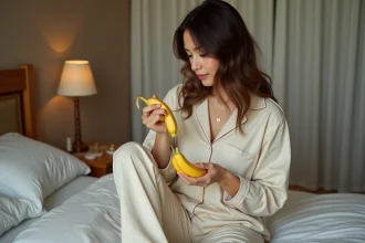 Femme en pyjama mangeant une banane avant de dormir, assise sur son lit dans une chambre au décor chaleureux