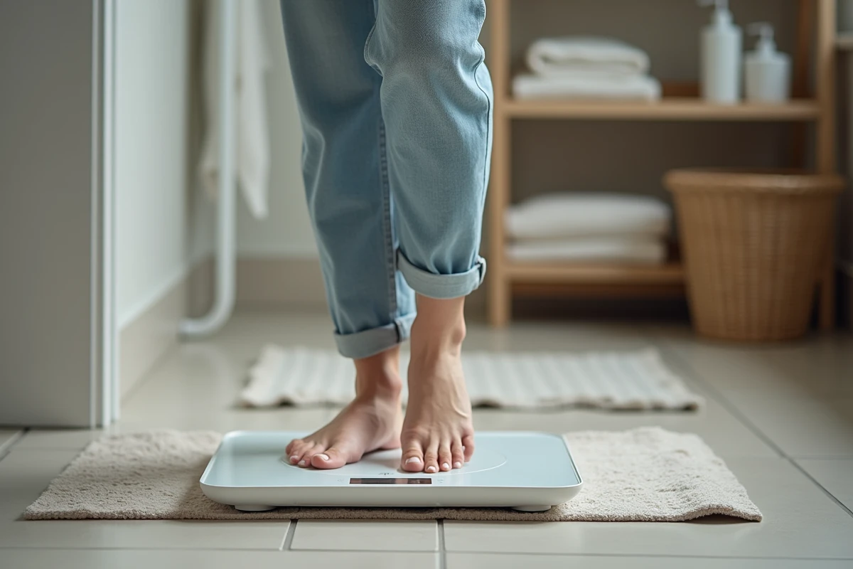 Femme d'âge moyen vérifiant son bilan corporel à la maison