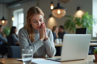 Femme au bureau massant sa main pour soulager des paresthésies, remède naturel en milieu professionnel