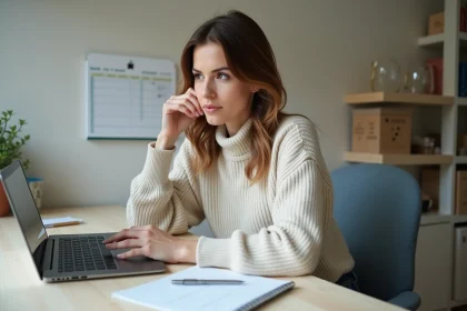 Femme au bureau regardant son ordinateur portable
