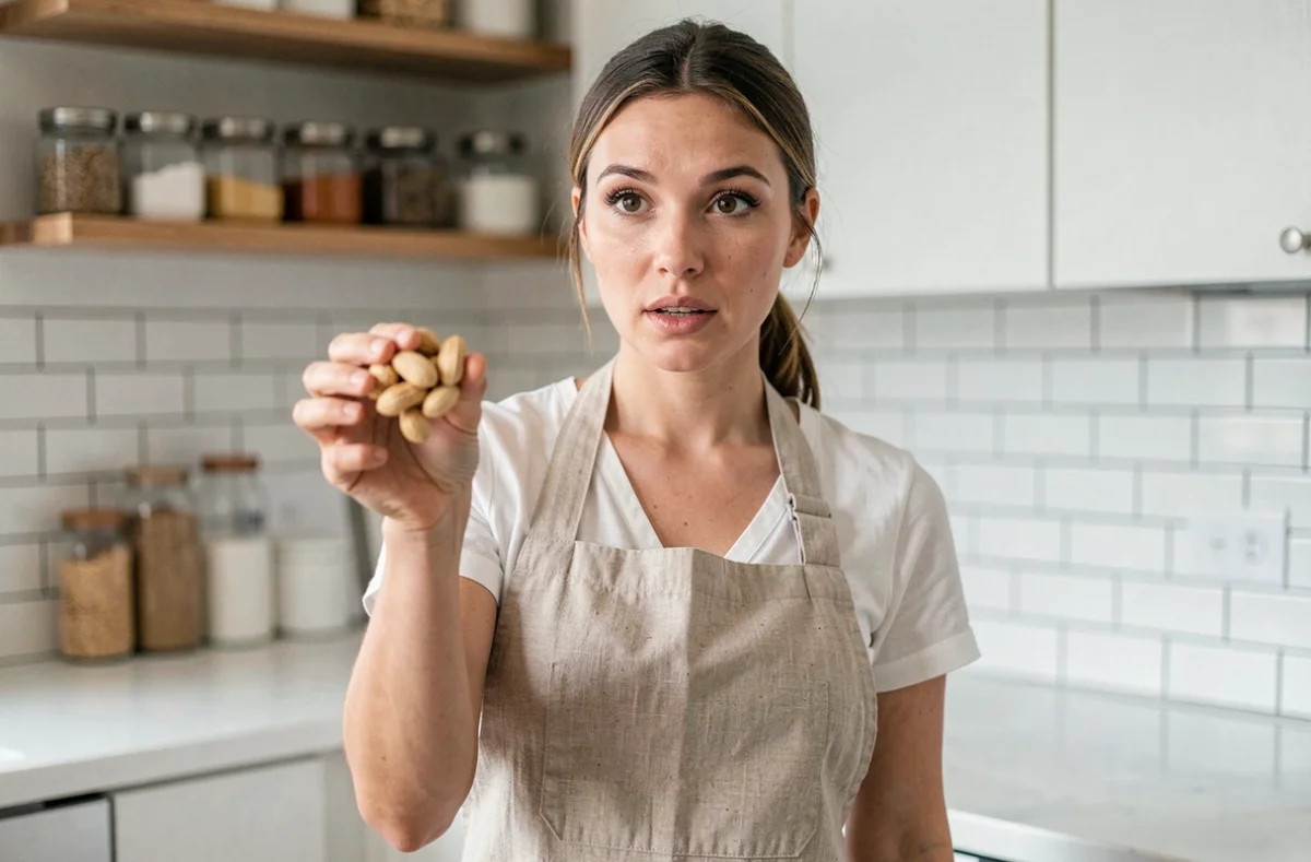 Femme tenant une poignée de cacahuètes grillées dans une cuisine moderne lumineuse