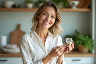 Femme tenant des capsules postbiotiques dans une cuisine moderne, illustrant l'impact des postbiotiques sur l'énergie et l'immunité au quotidien