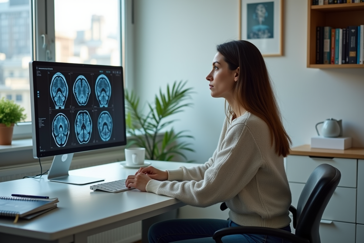Femme en consultation neurologique regardant un scanner cérébral