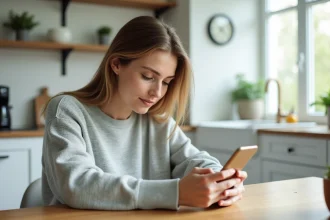 Femme comparant des applications minceur sur son smartphone dans une cuisine moderne