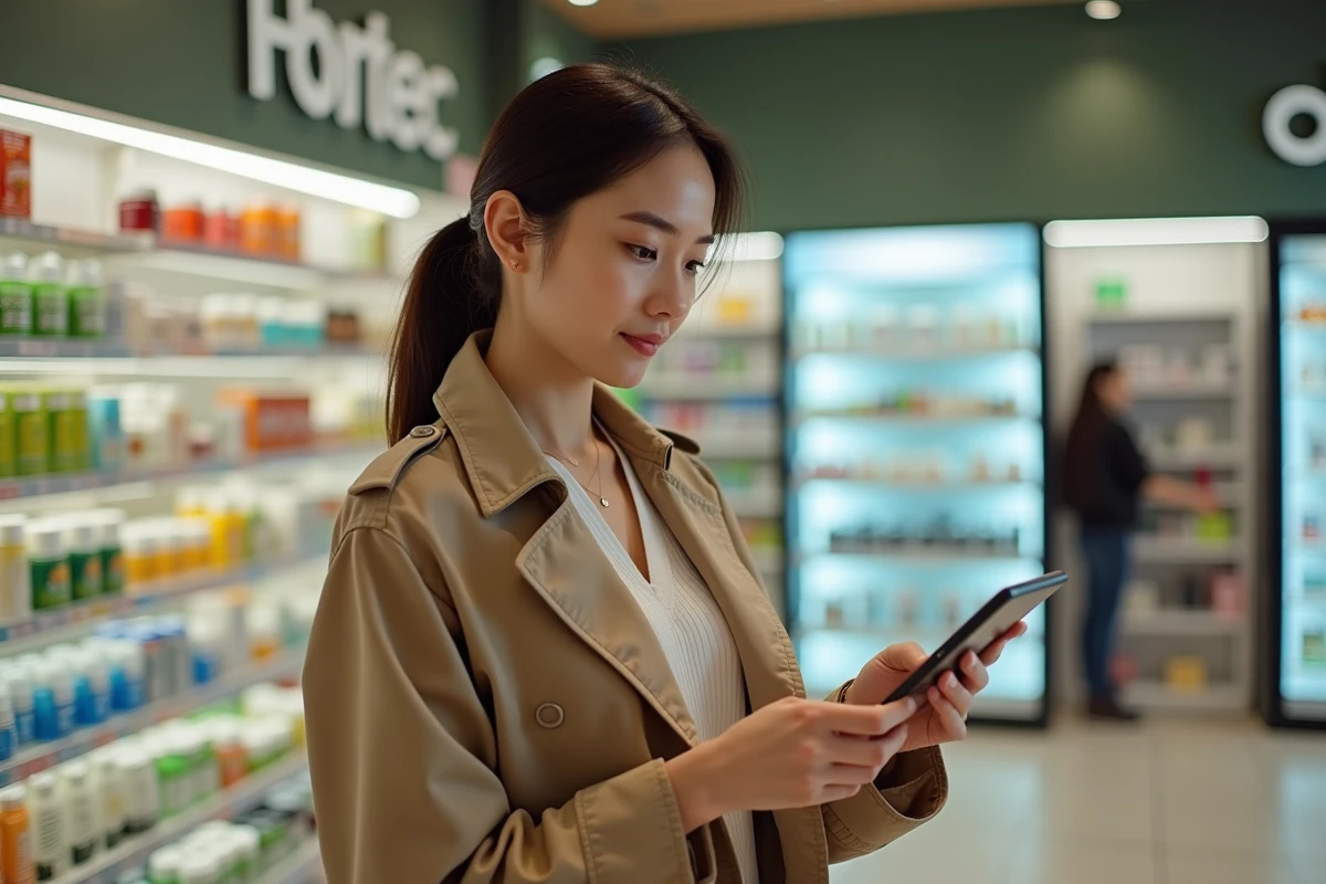 Jeune femme consultant un comparatif de programmes minceur sur son téléphone en magasin santé