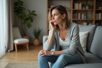 Femme d'âge moyen assise sur un canapé moderne dans un salon cosy