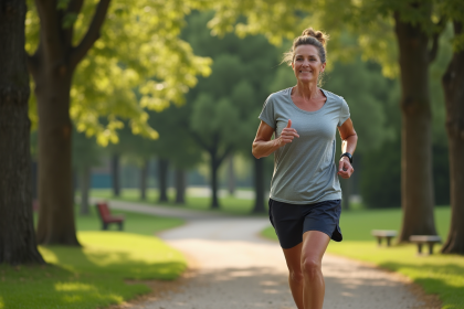 Femme d'âge moyen courant dans un parc verdoyant