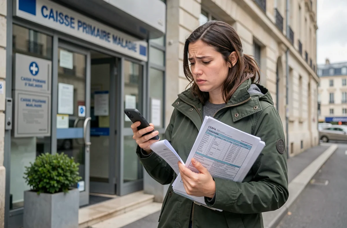 Jeune femme devant une CPAM consultant son téléphone après refus de prise en charge transport
