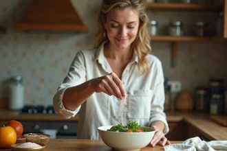 Femme en cuisine saupoudrant sel rose Himalaya sur une salade