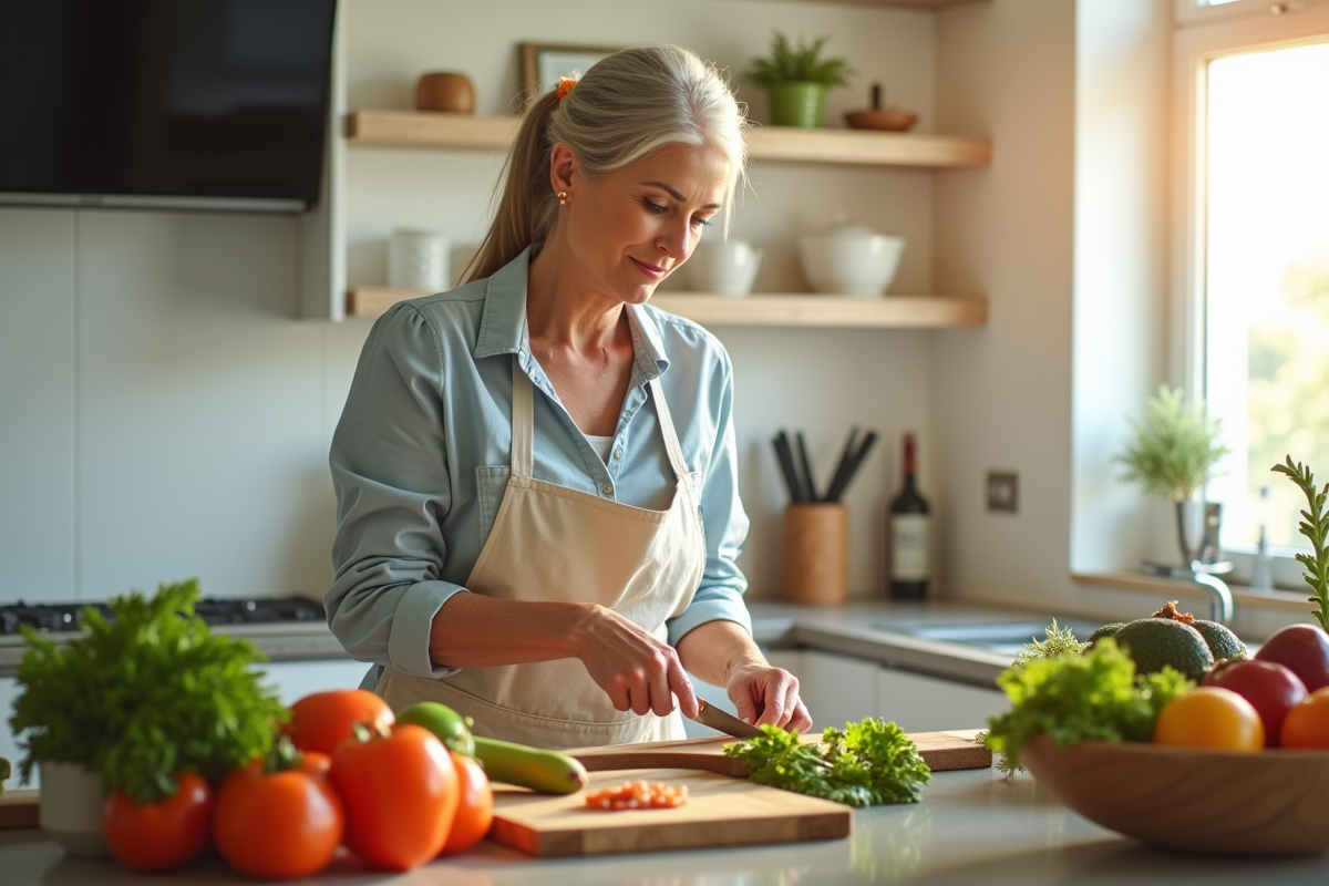Femme mature cuisinant un repas sain en cuisine lumineuse