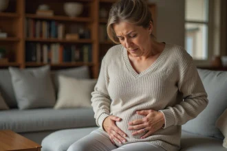 Femme adulte assise sur un canapé tenant son abdomen avec une expression d'inconfort, illustrant les douleurs liées à la constipation