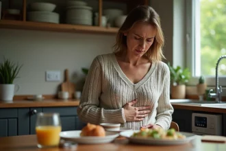 Femme d'âge moyen se tenant le côté après un repas
