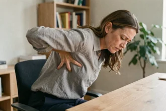 Femme assise à un bureau se tenant le dos avec une expression de douleur, illustrant un dos contracté au quotidien