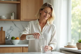 Femme versant de l'eau minérale Saint Antonin dans un verre dans sa cuisine le matin pour lutter contre la constipation