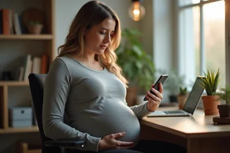 Femme enceinte consultant une application de calcul de terme de grossesse sur son smartphone à son bureau à domicile