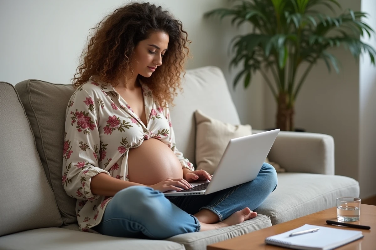 Femme enceinte utilisant un calculateur de terme de grossesse en ligne sur son ordinateur portable avec un carnet de notes à la maison