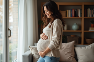 Femme enceinte dans son salon avec expression sereine