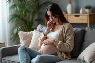 Femme enceinte assise sur un canapé moderne dans un salon cosy