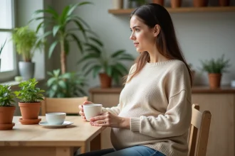 Jeune femme enceinte buvant une tisane dans la cuisine