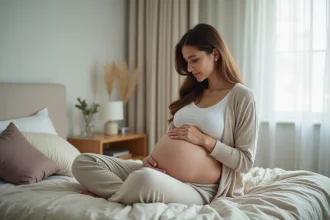 Femme enceinte assise sur le lit dans une chambre apaisante