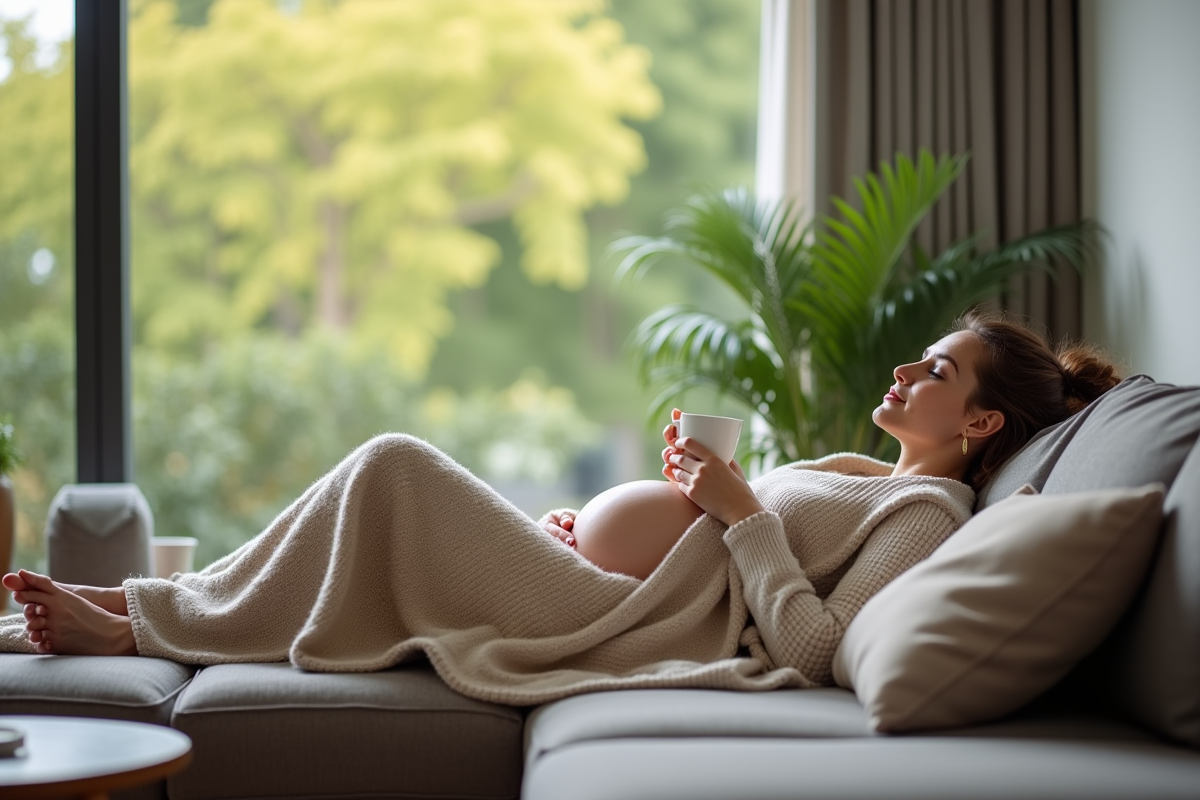 Femme enceinte dans un salon cosy avec une tasse de thé