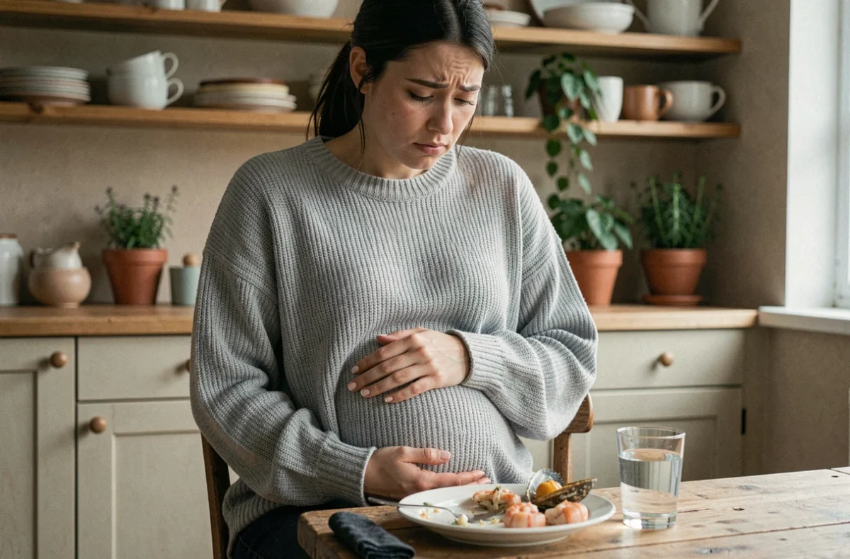 Femme enceinte inquiète assise à table après avoir mangé des crevettes crues par erreur