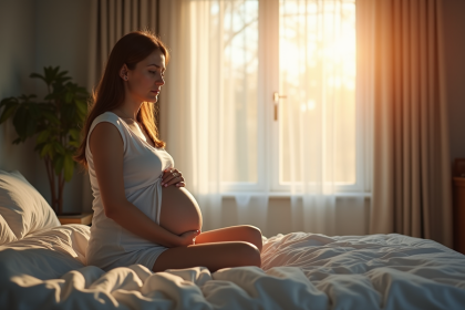 Femme enceinte assise seule dans une chambre lumineuse