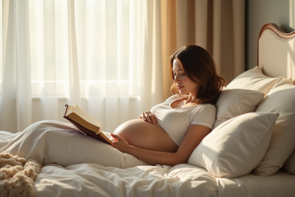 Femme enceinte reposant dans un lit lumineux et confortable