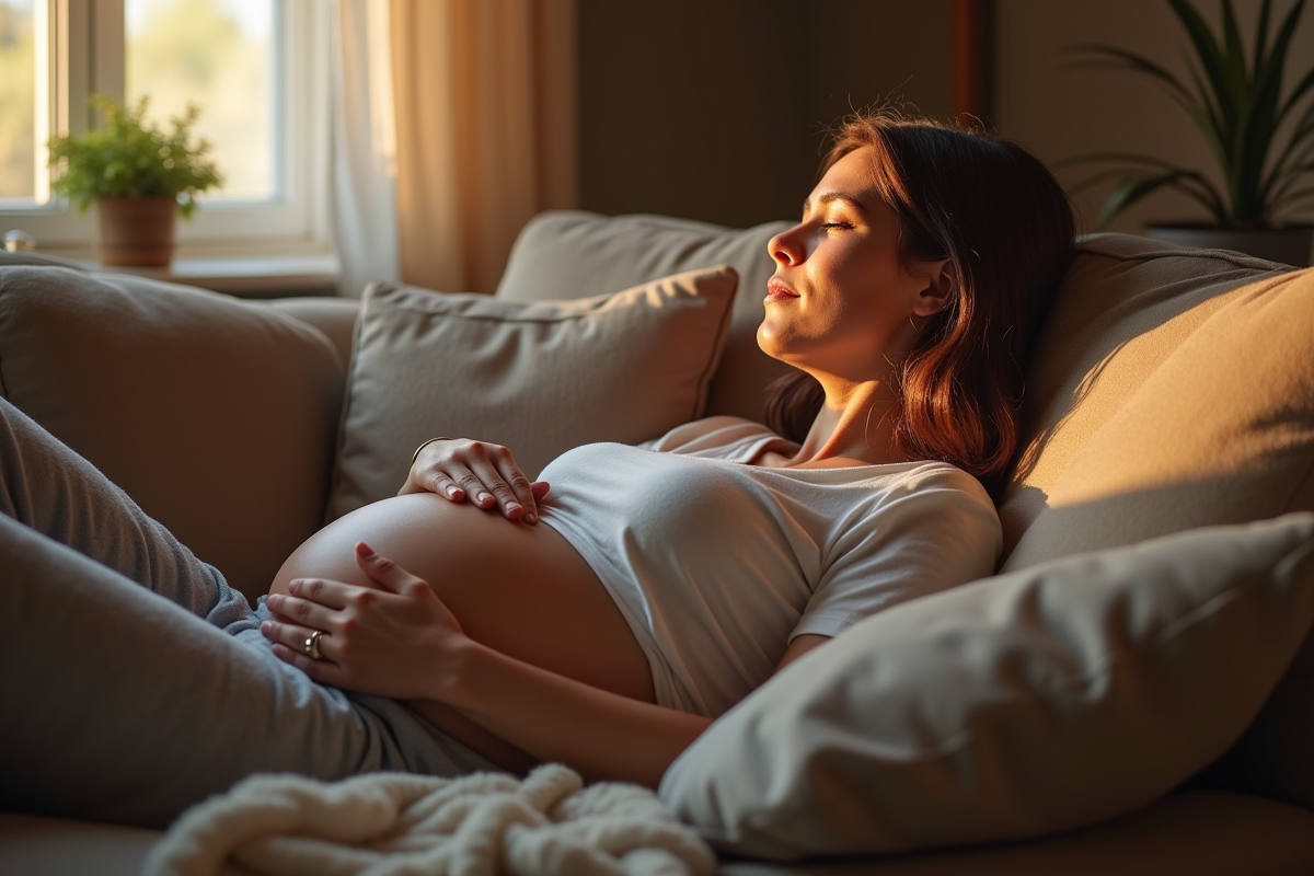 Femme enceinte reposant sur un canapé dans un intérieur chaleureux