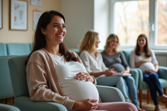 Femme enceinte souriante dans une salle d'attente lumineuse