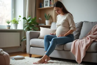 Femme enceinte assise et luttant pour lacer ses chaussures
