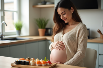 Femme enceinte contemplant un plat de sushi dans la cuisine