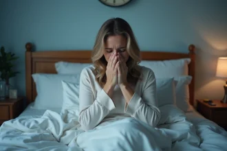 Femme fatiguée en pyjama dans son lit la nuit