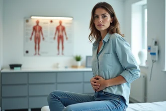 Femme assise sur une table d'examen médical en clinique