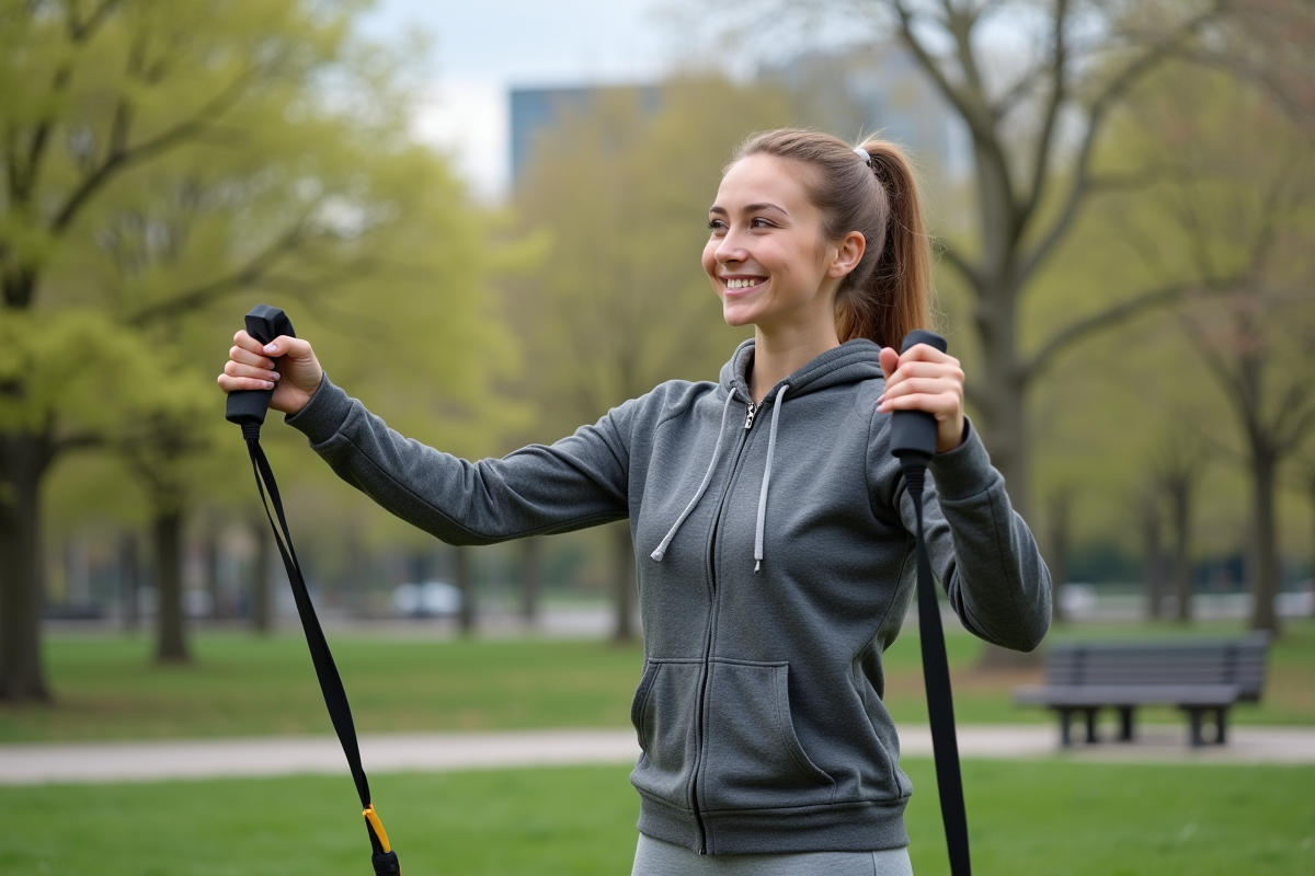 Femme faisant des exercices avec bande de résistance dans un parc urbain au printemps