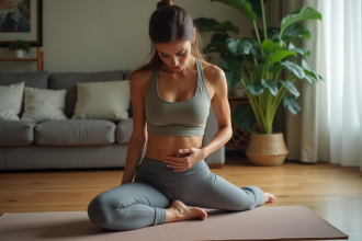 Femme faisant des exercices de yoga dans un salon cosy