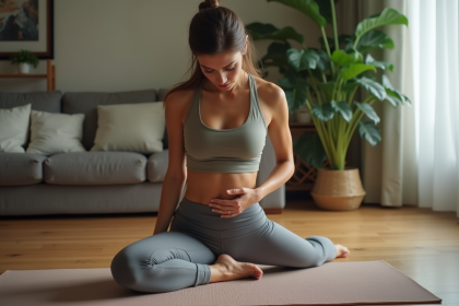 Femme faisant des exercices de yoga dans un salon cosy