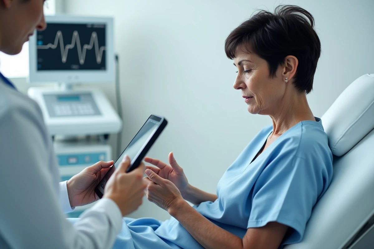 Femme hospitalisée consultant des informations médicales sur une tablette concernant les signes d'alerte liés à un stent