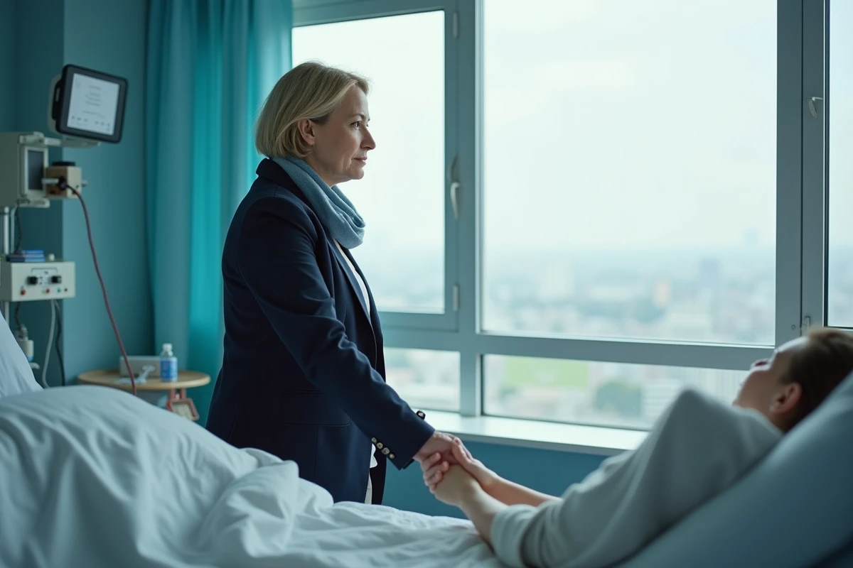 Femme en blouse pr&egrave;s d une fen&ecirc;tre d h&ocirc;pital regardant dehors