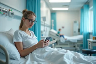 Femme d'âge moyen assise au lit d'hôpital avec téléphone