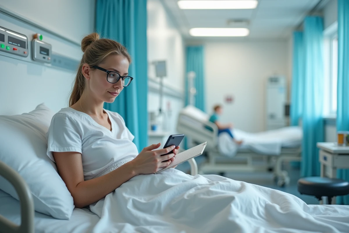 Femme d'âge moyen assise au lit d'hôpital avec téléphone