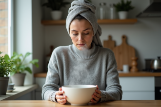 Femme en train d inhaler la vapeur d une soupe chaude