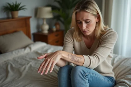 Femme inqui&egrave;te examinant son avant-bras marbr&eacute;